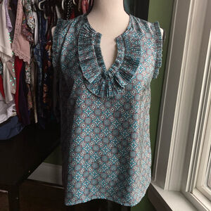 Women's J. Crew Sleeveless RUFFLE medalion print Top Size 2 Blue Brown
